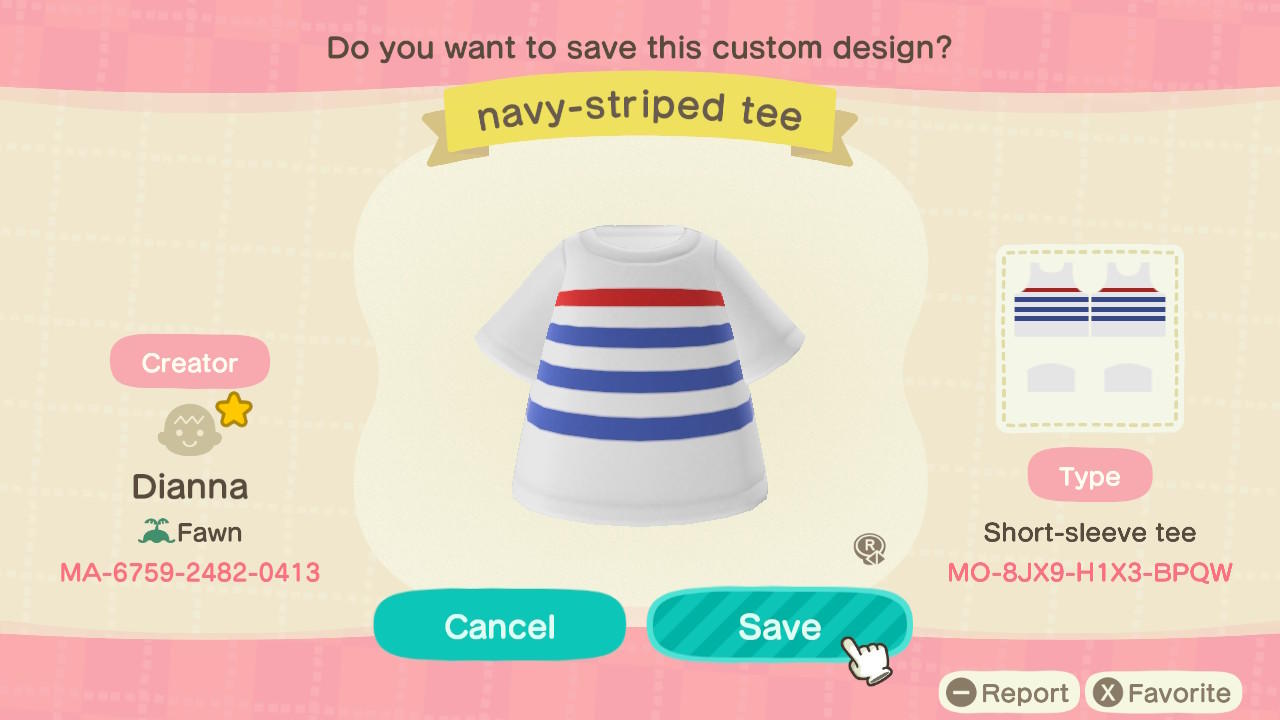 Animal Crossing Design Code: MO-8JX9-H1X3-BPQW Navy-Striped Tee