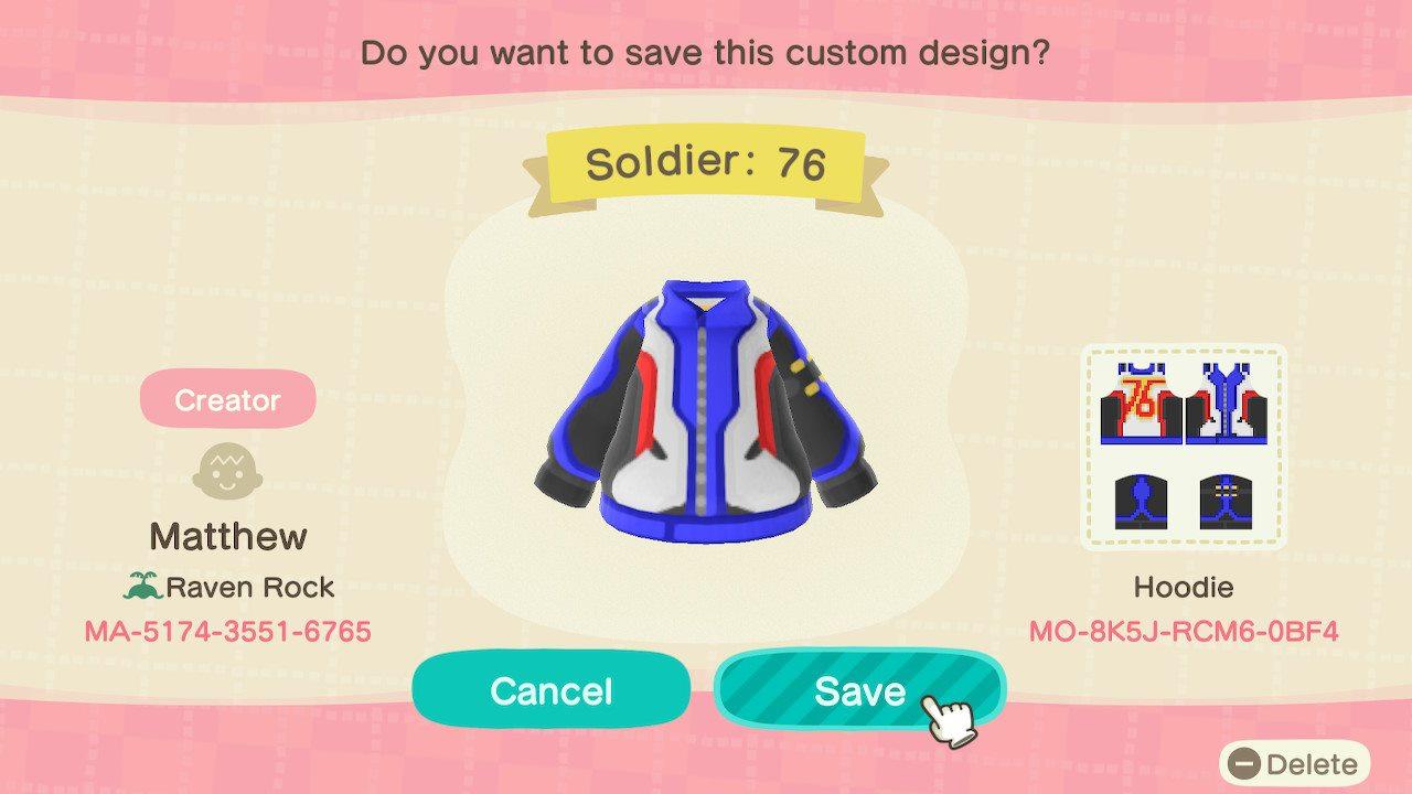 Animal Crossing Design Code: MO-8K5J-RCM6-0BF4 Soldier: 76