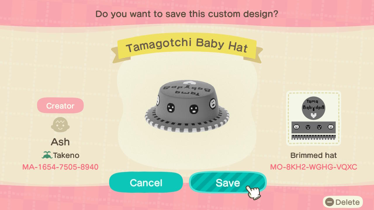 Animal Crossing Design Code: MO-8KH2-WGHG-VQXC Tamagotchi Baby Hat