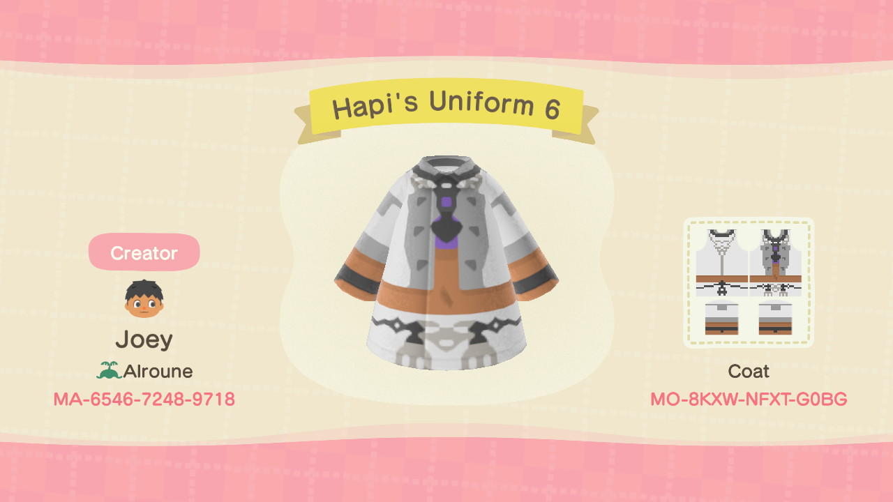Animal Crossing Design Code: MO-8KXW-NFXT-G0BG Hapi&#39;s Uniform 6