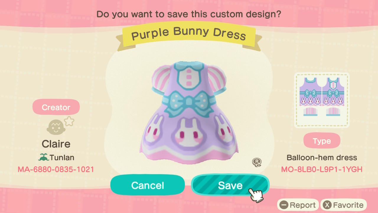 Animal Crossing Design Code: MO-8LB0-L9P1-1YGH Purple Bunny Dress