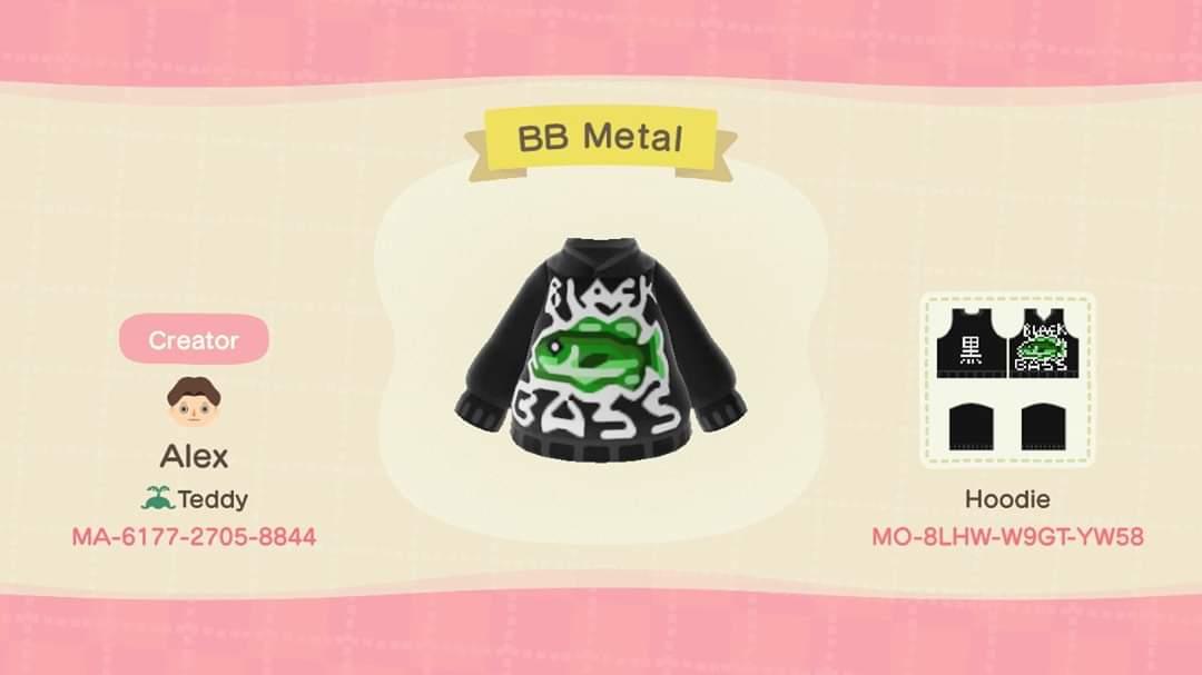 Animal Crossing Design Code: MO-8LHW-W9GT-YW58 Black Bass Hoodie