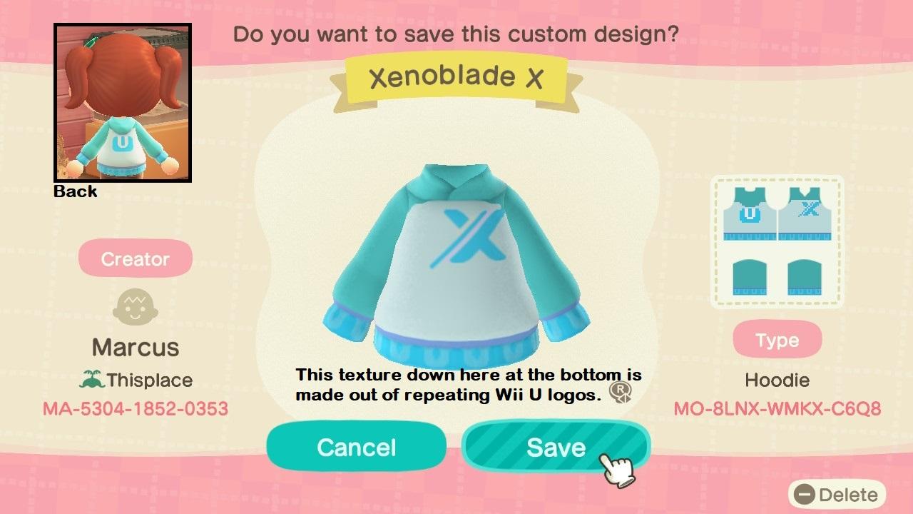 Animal Crossing Design Code: MO-8LNX-WMKX-C6Q8 Xenoblade X Hoodie
