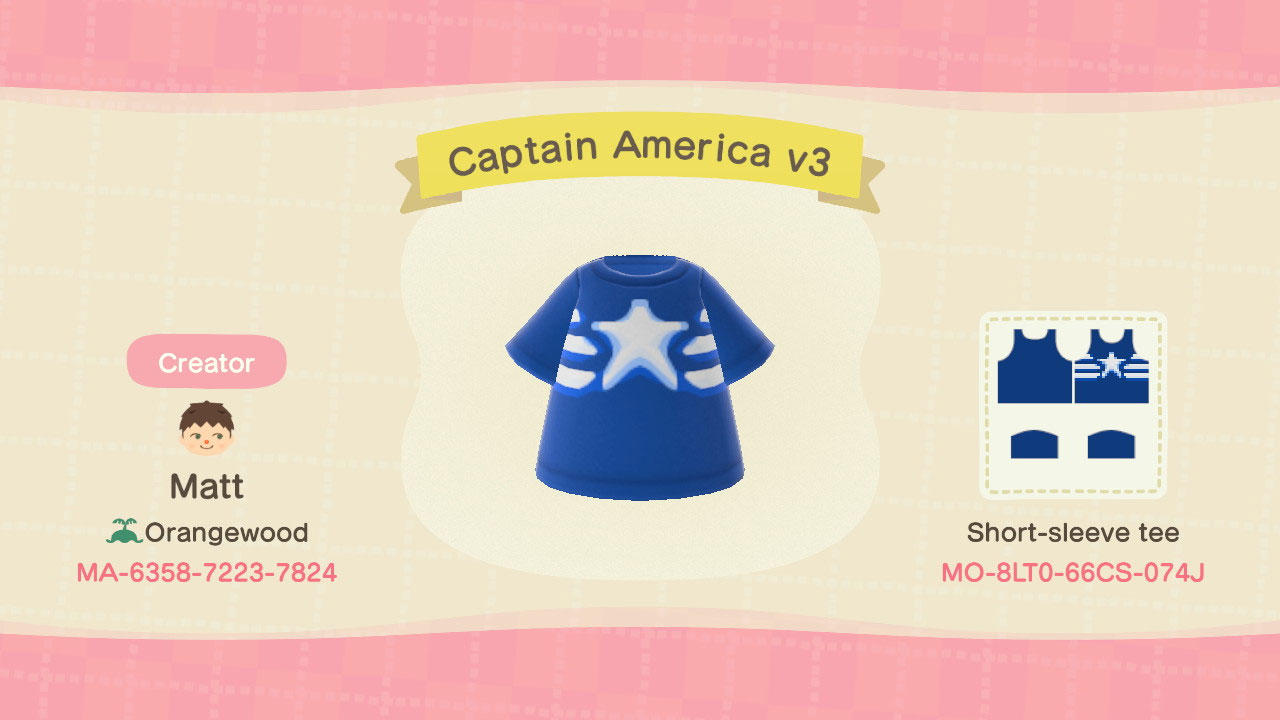 Animal Crossing Design Code: MO-8LT0-66CS-074J First Avenger