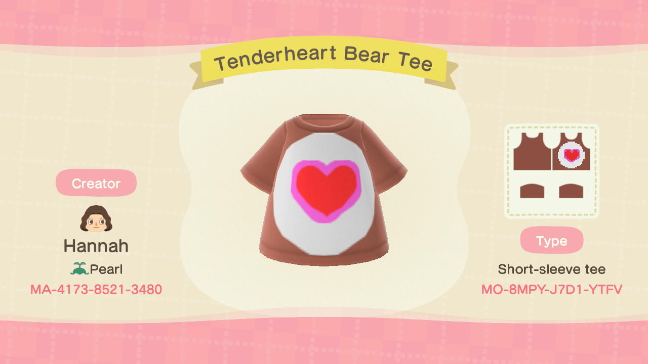 Animal Crossing Design Code: MO-8MPY-J7D1-YTFV Tenderheart Bear Tee