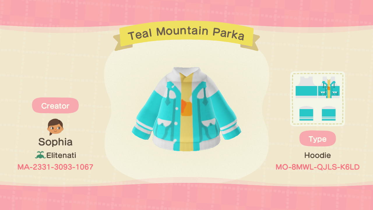 Animal Crossing Design Code: MO-8MWL-QJLS-K6LD Teal Mountain Parka