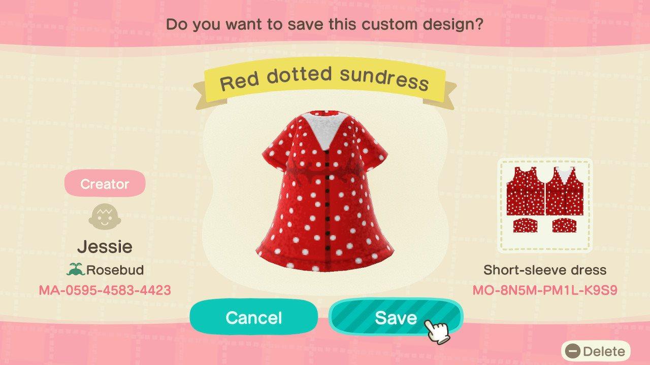 Animal Crossing Design Code: MO-8N5M-PM1L-K9S9 Red dotted sundress