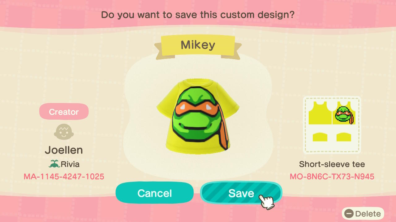Animal Crossing Design Code: MO-8N6C-TX73-N945 Mikey TMNT
