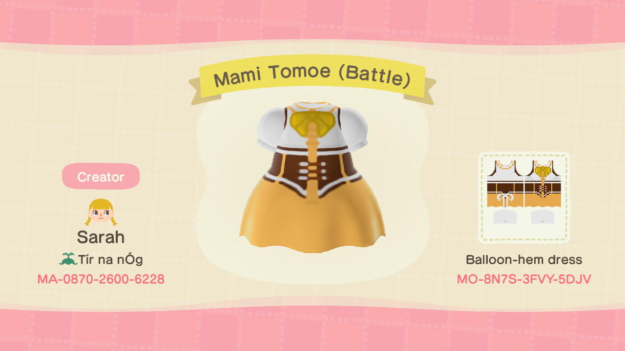 Animal Crossing Design Code: MO-8N7S-3FVY-5DJV Mami Tomoe (Battle)