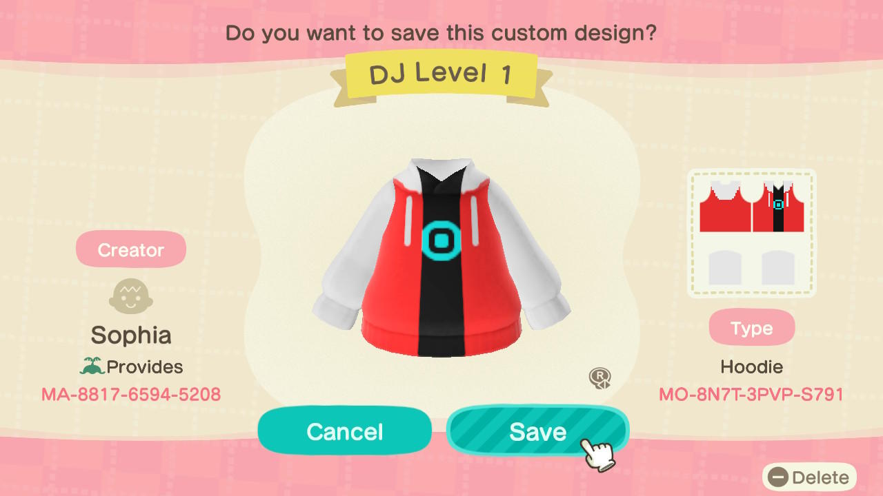 Animal Crossing Design Code: MO-8N7T-3PVP-S791 DJ Level 1