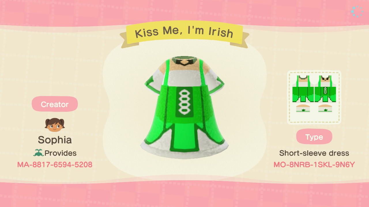 Animal Crossing Design Code: MO-8NRB-1SKL-9N6Y Kiss Me, I'm Irish