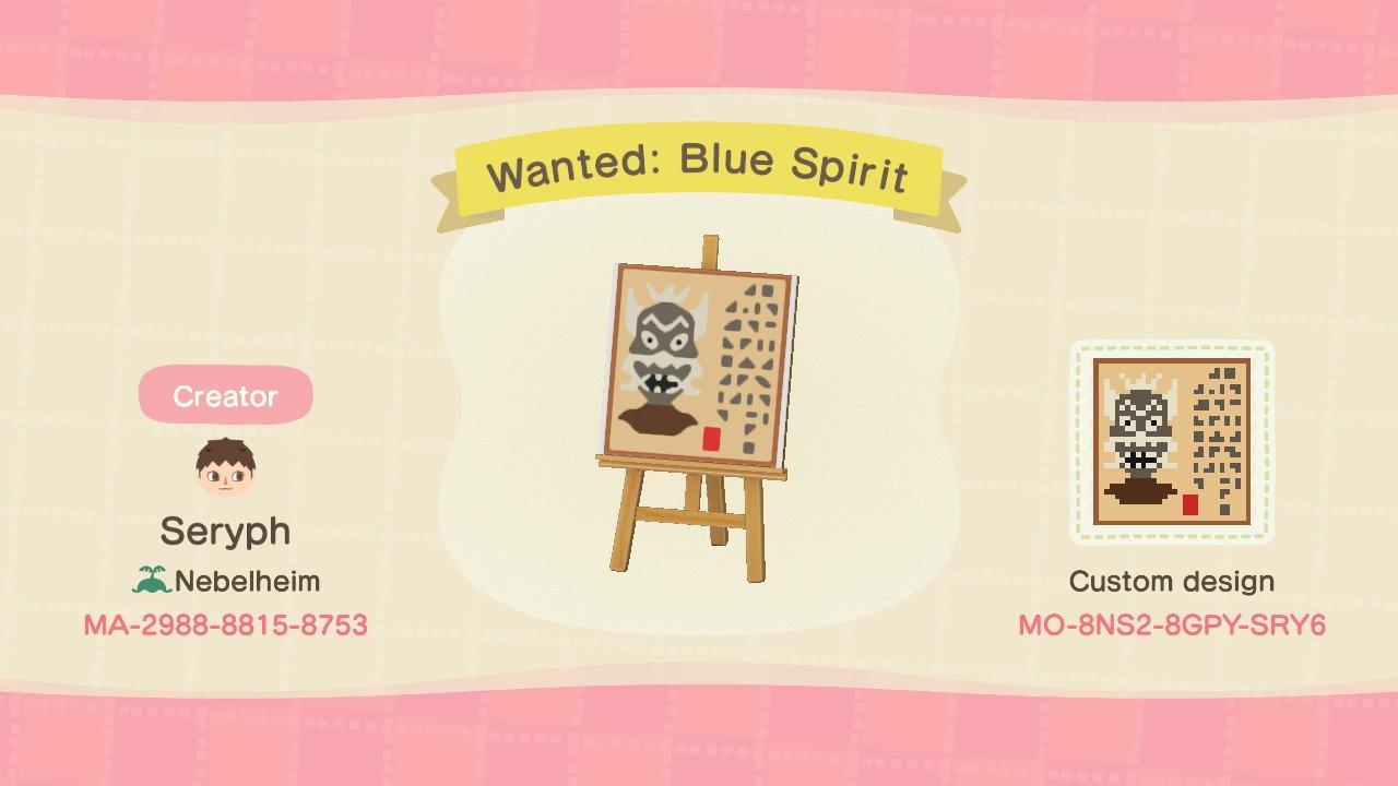 Animal Crossing Design Code: MO-8NS2-8GPY-SRY6 Wanted: Blue Spirit
