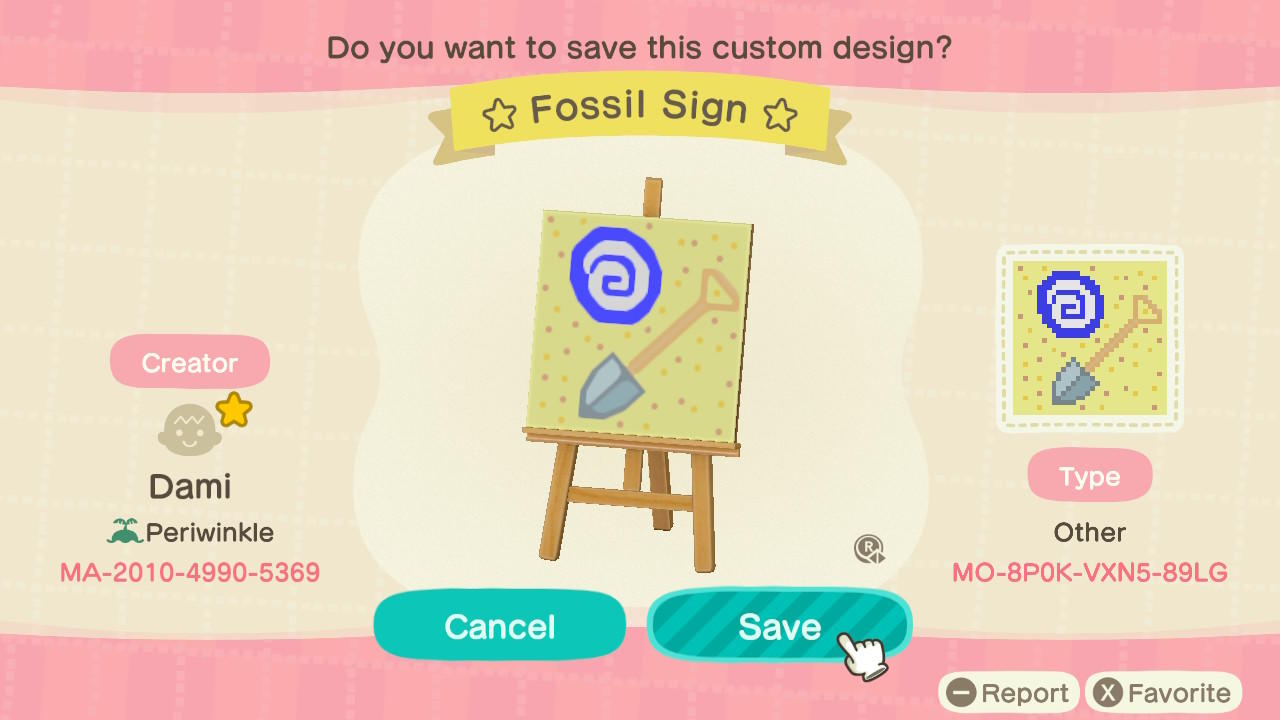 Animal Crossing Design Code: MO-8P0K-VXN5-89LG Fossil Shovel Sign