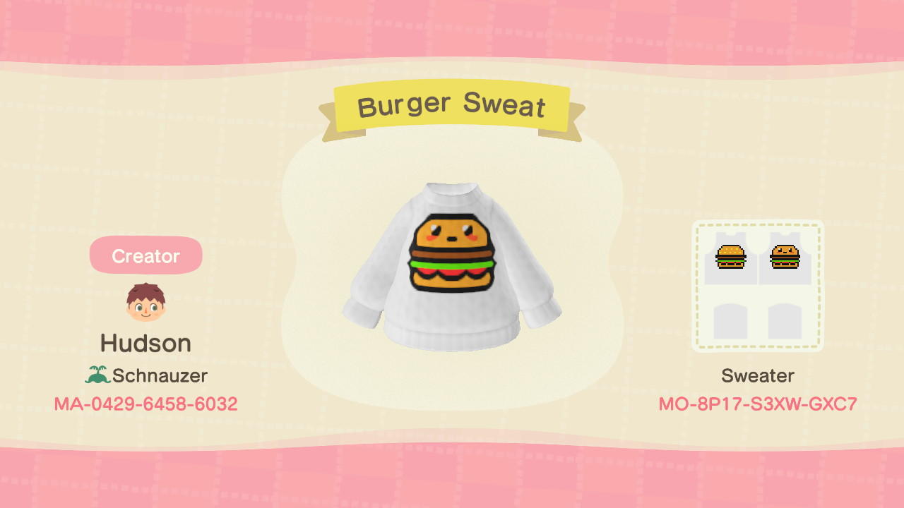 Animal Crossing Design Code: MO-8P17-S3XW-GXC7 Burger Sweat