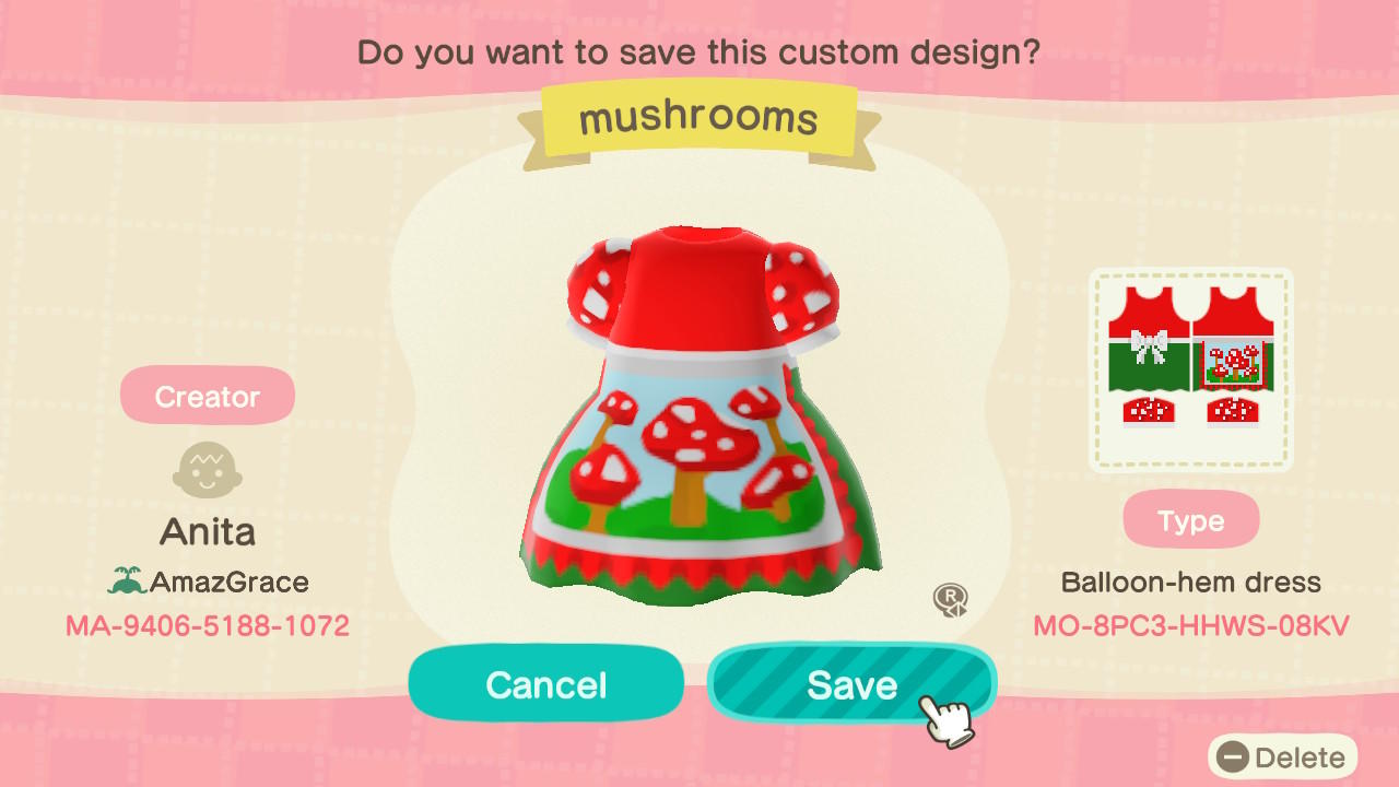 Animal Crossing Design Code: MO-8PC3-HHWS-08KV Mushrooms