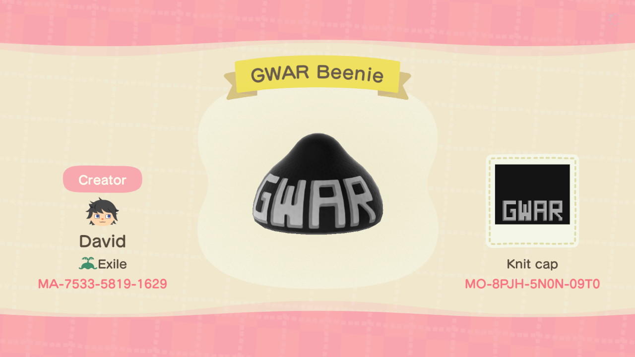 Animal Crossing Design Code: MO-8PJH-5N0N-09T0 GWAR Beenie