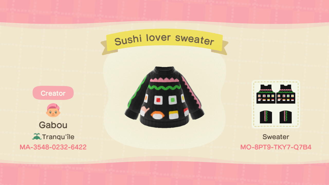 Animal Crossing Design Code: MO-8PT9-TKY7-Q7B4 Sushi lover sweater