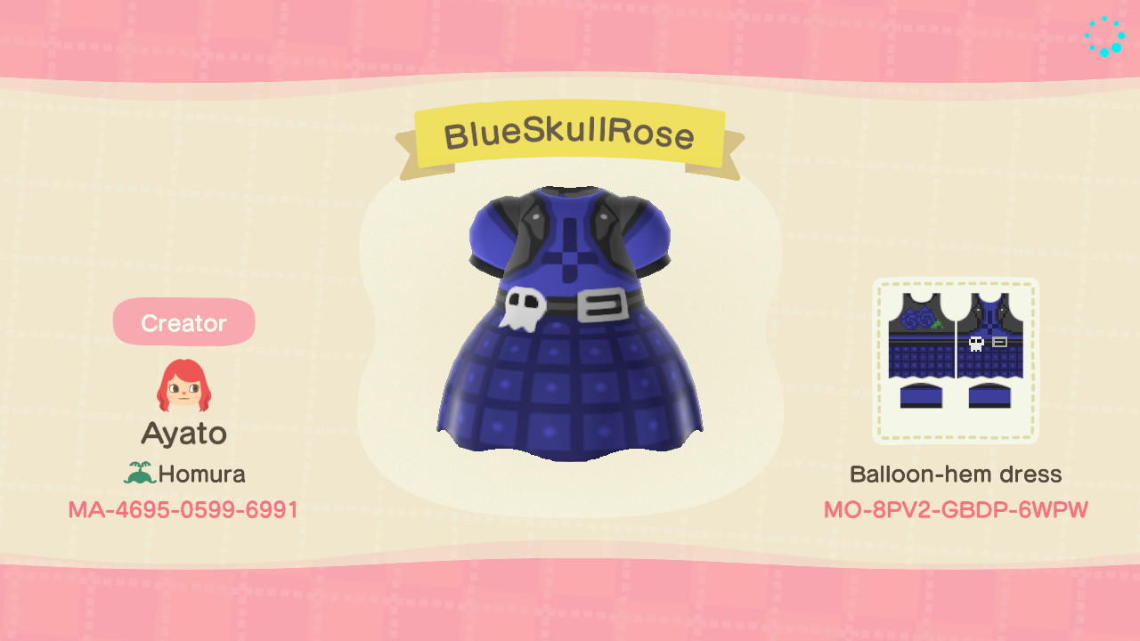 Animal Crossing Design Code: MO-8PV2-GBDP-6WPW Blue Skull Rose Dres