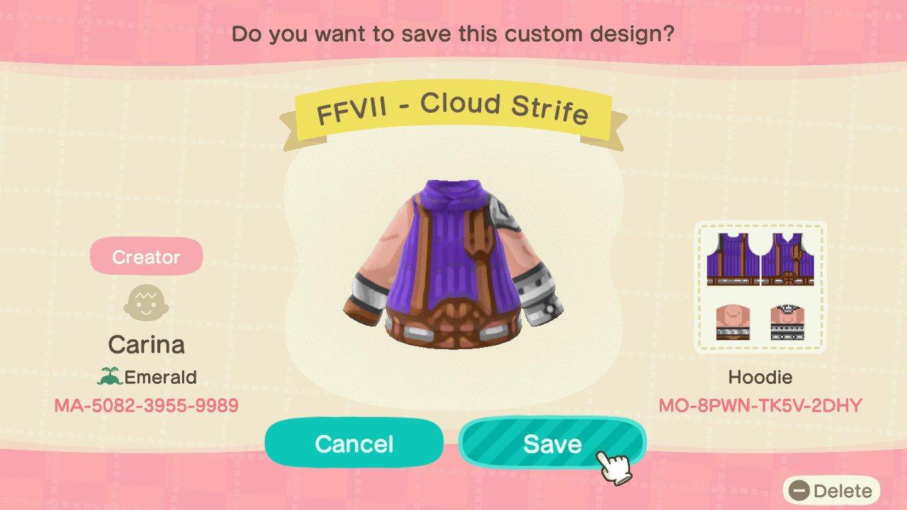 Animal Crossing Design Code: MO-8PWN-TK5V-2DHY FFVII - Cloud Strife