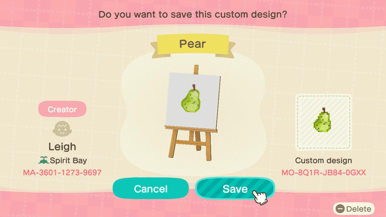 Animal Crossing Design Code: MO-8Q1R-JB84-0GXX Pear