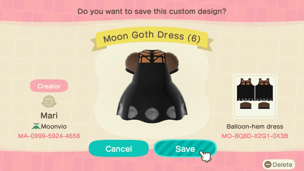 Animal Crossing Design Code: MO-8Q8D-X2G1-0X3B Moon Goth Dress (6)