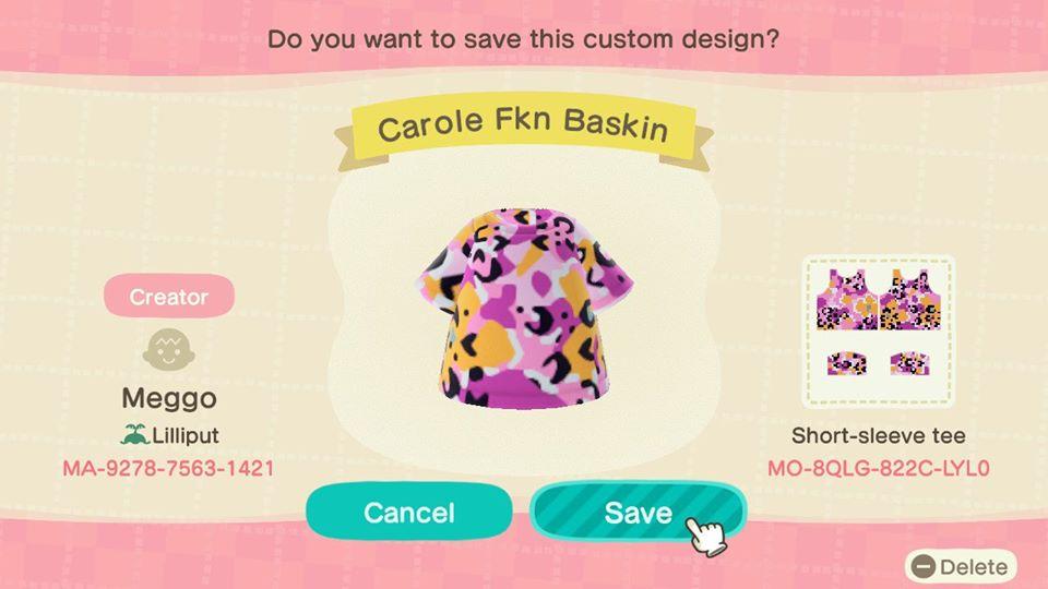 Animal Crossing Design Code: MO-8QLG-822C-LYL0 Carole Fkn Baskin