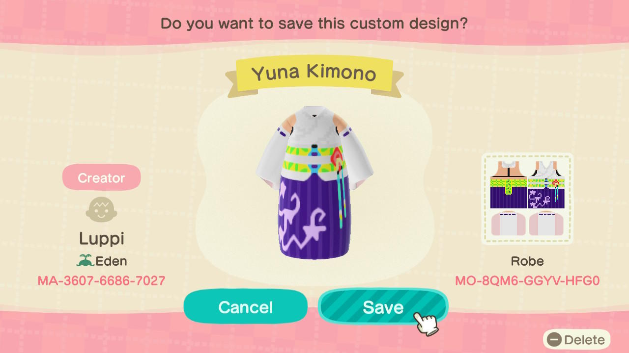 Animal Crossing Design Code: MO-8QM6-GGYV-HFG0 Yuna Kimono