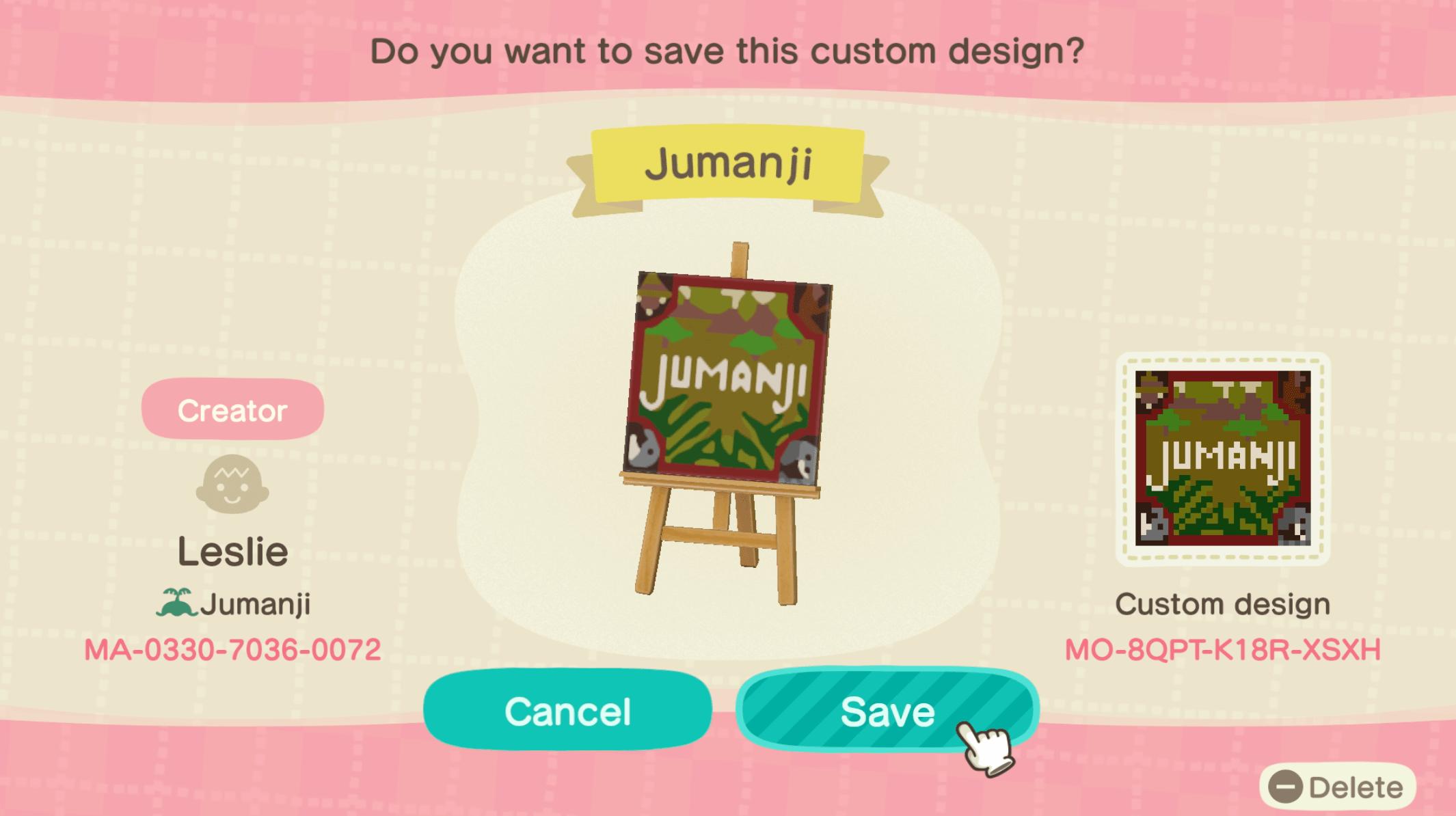 Animal Crossing Design Code: MO-8QPT-K18R-XSXH Jumanji Board
