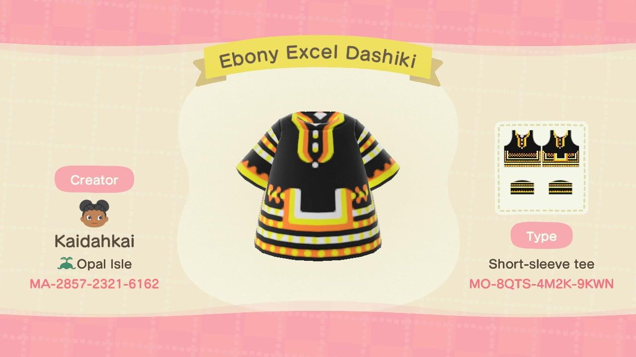 Animal Crossing Design Code: MO-8QTS-4M2K-9KWN Ebony Excel Dashiki