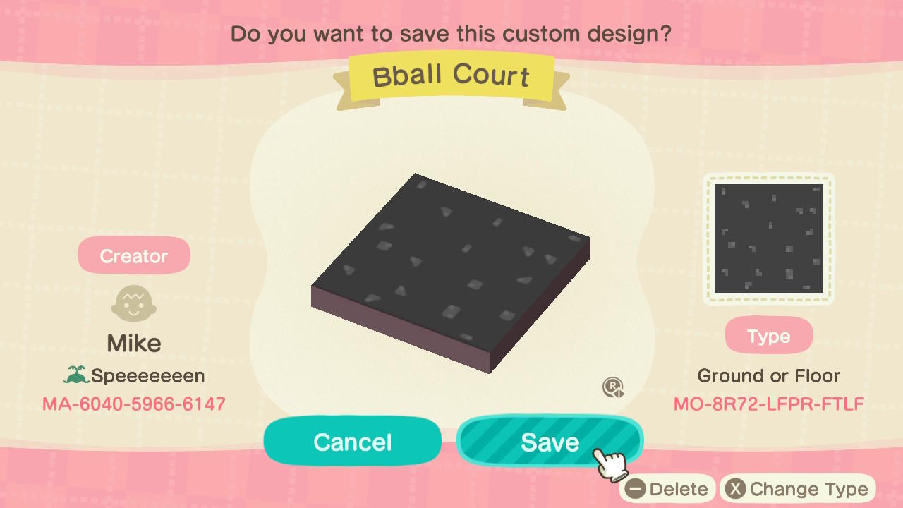 Animal Crossing Design Code: MO-8R72-LFPR-FTLF Bball Court