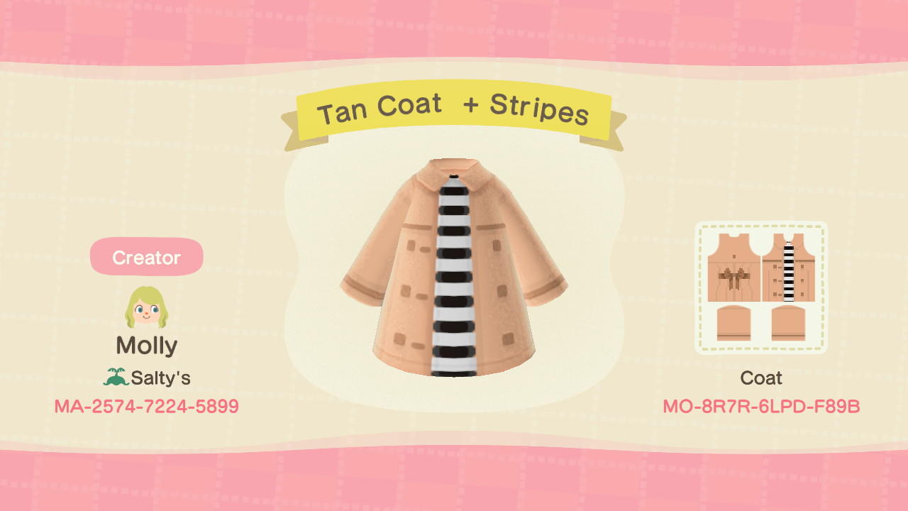 Animal Crossing Design Code: MO-8R7R-RLPD-F89B Tan Coat + Stripes