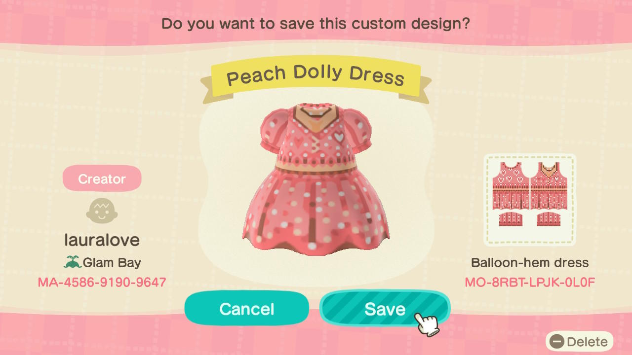 Animal Crossing Design Code: MO-8RBT-LPJK-0L0F Peach Dolly Dress
