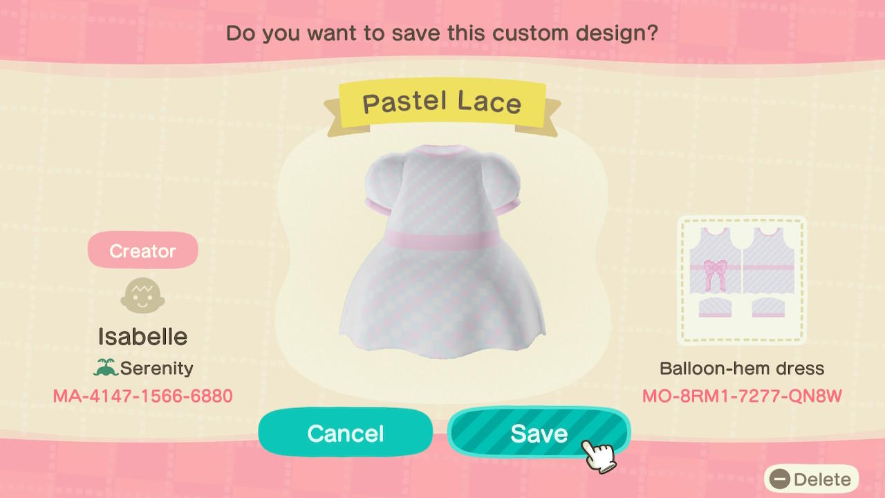 Animal Crossing Design Code: MO-8RM1-7277-QN8W Pastel Lace