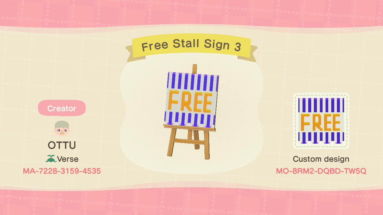 Animal Crossing Design Code: MO-8RM2-DQBD-TW5Q Free Stall Sign 3