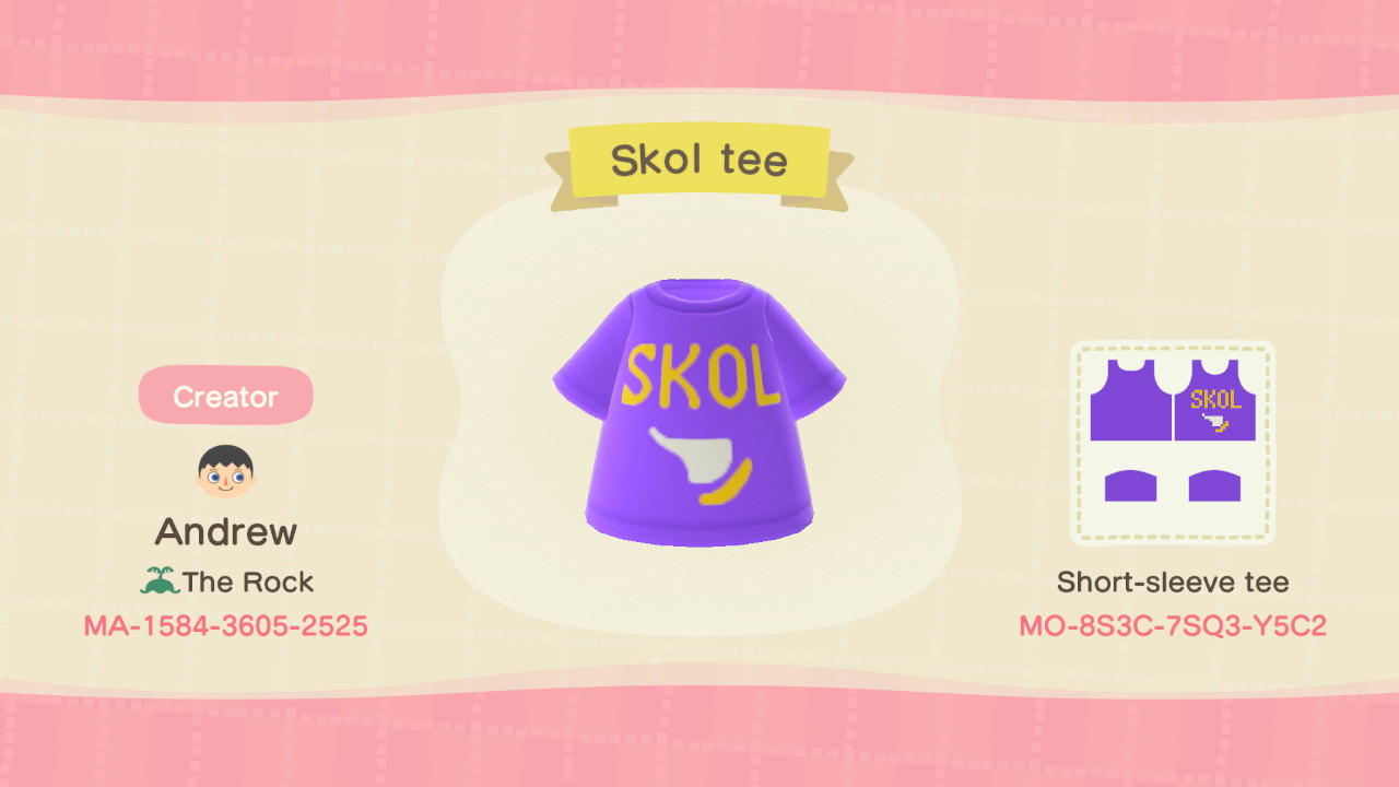 Animal Crossing Design Code: MO-8S3C-7SQ3-Y5C2 MN Vikings Skol Tee