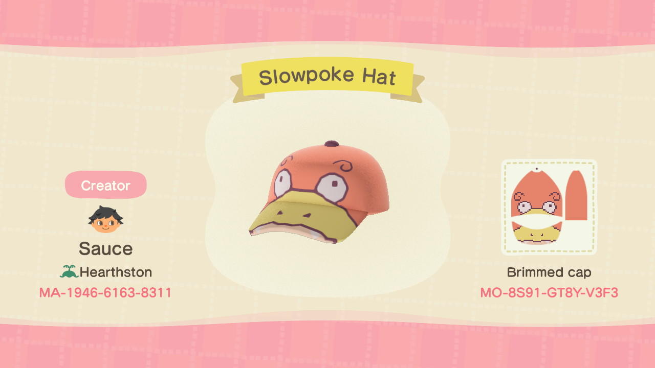 Animal Crossing Design Code: MO-8S91-GT8Y-V3F3 Slowpoke Hat
