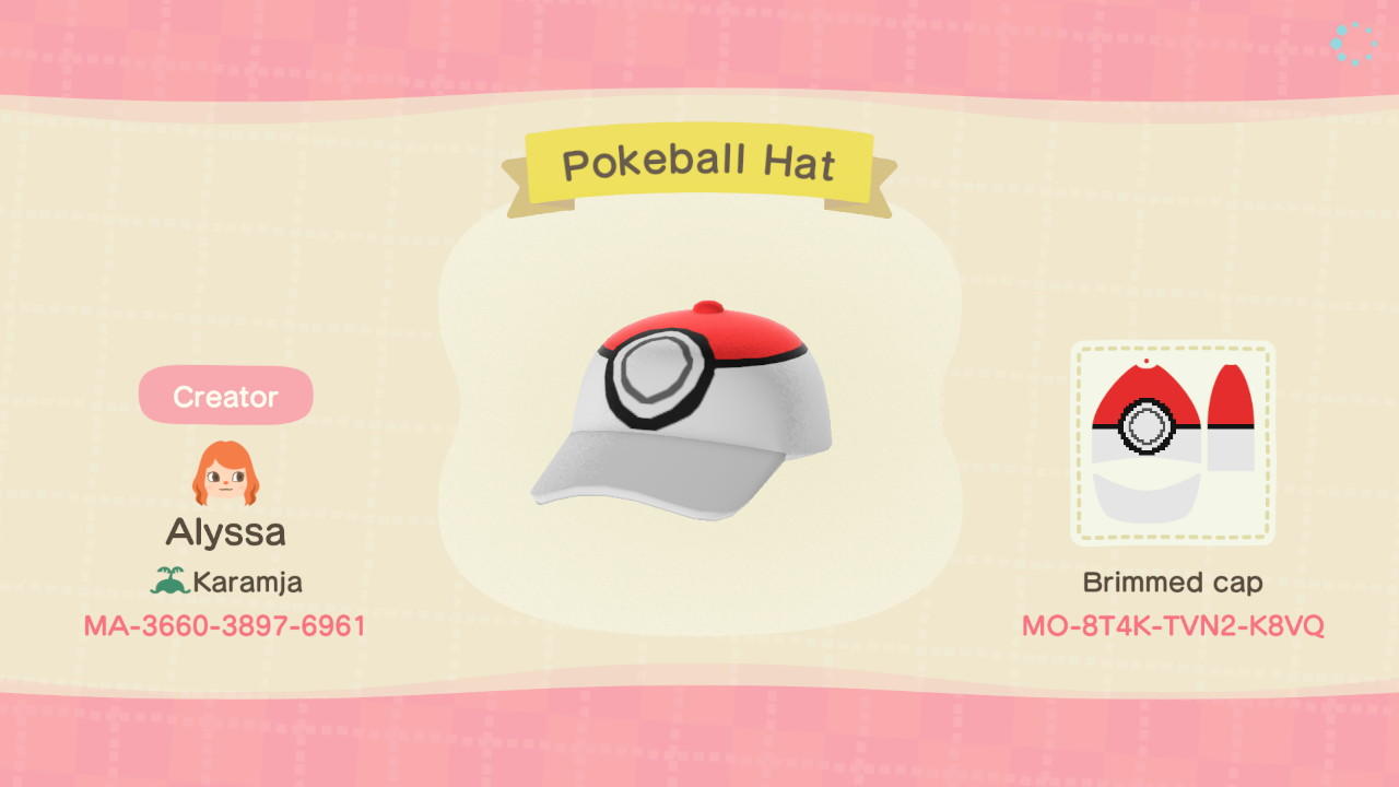Animal Crossing Design Code: MO-8T4K-TVN2-K8VQ Pokeball Hat