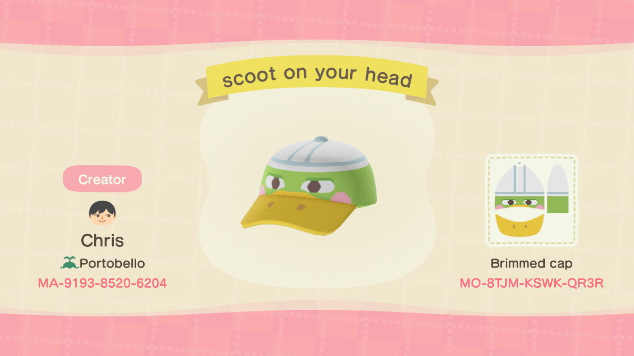 Animal Crossing Design Code: MO-8TJM-KSWK-QR3R scoot hat