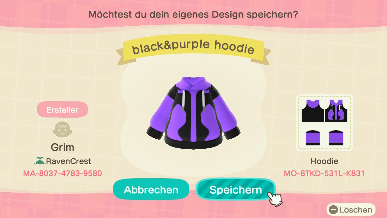 Animal Crossing Design Code: MO-8TKD-531L-K831 black&purple hoodie