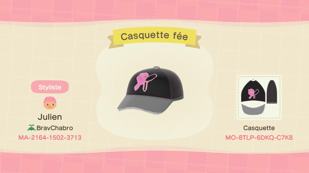 Animal Crossing Design Code: MO-8TLP-6DKQ-C7K8 Casquette Fée