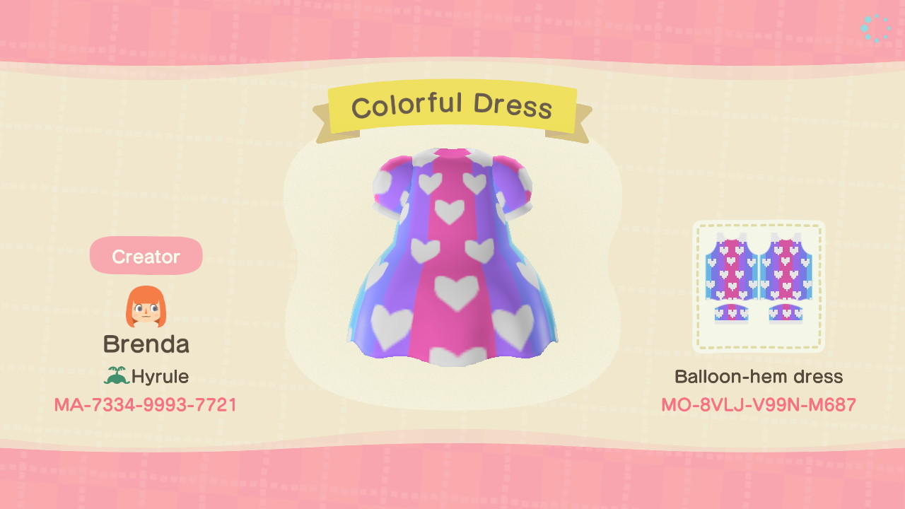 Animal Crossing Design Code: MO-8VLJ-V99N-M687 Colorful Dress
