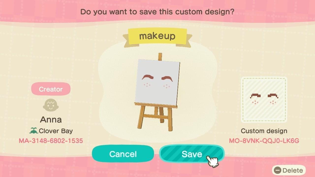 Animal Crossing Design Code: MO-8VNK-QQJ0-LK6G Makeup