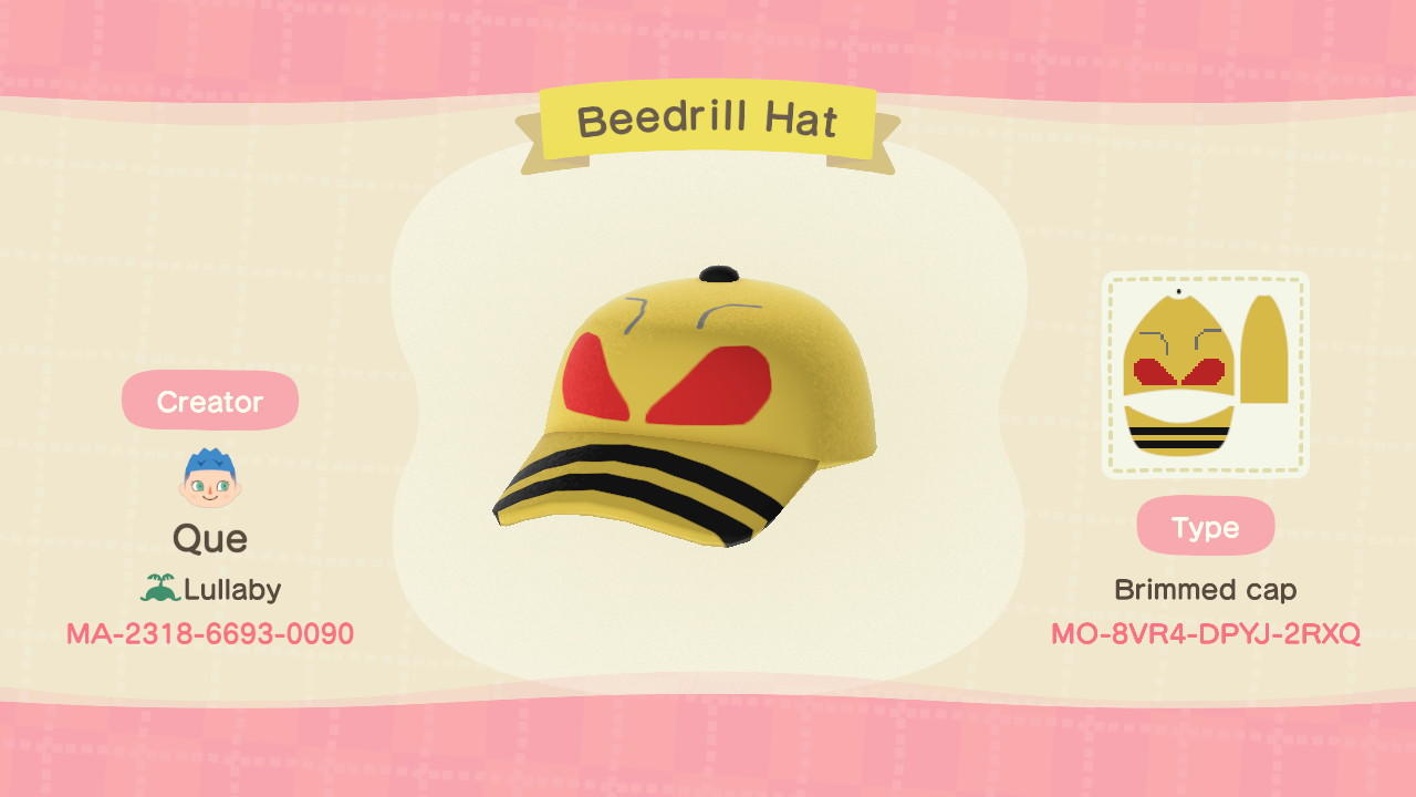 Animal Crossing Design Code: MO-8VR4-DPYJ-2RXQ Beedrill Hat