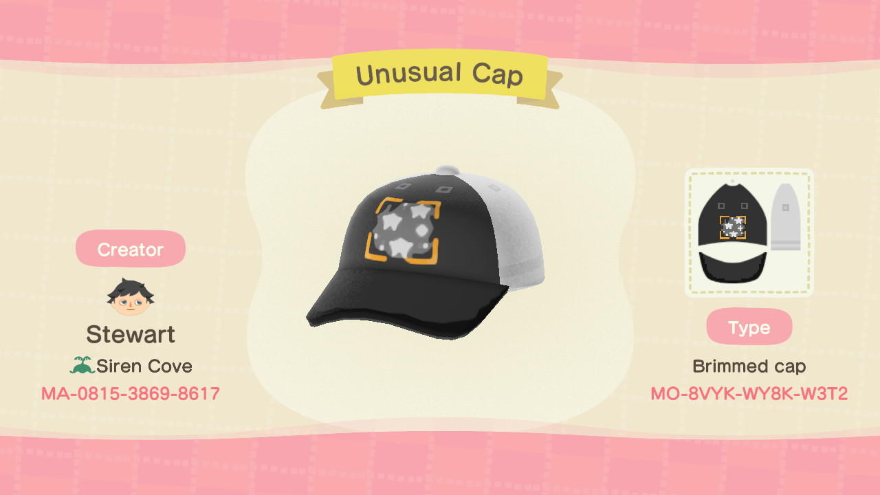 Animal Crossing Design Code: MO-8VYK-WY8K-W3T2 Unusual Cap
