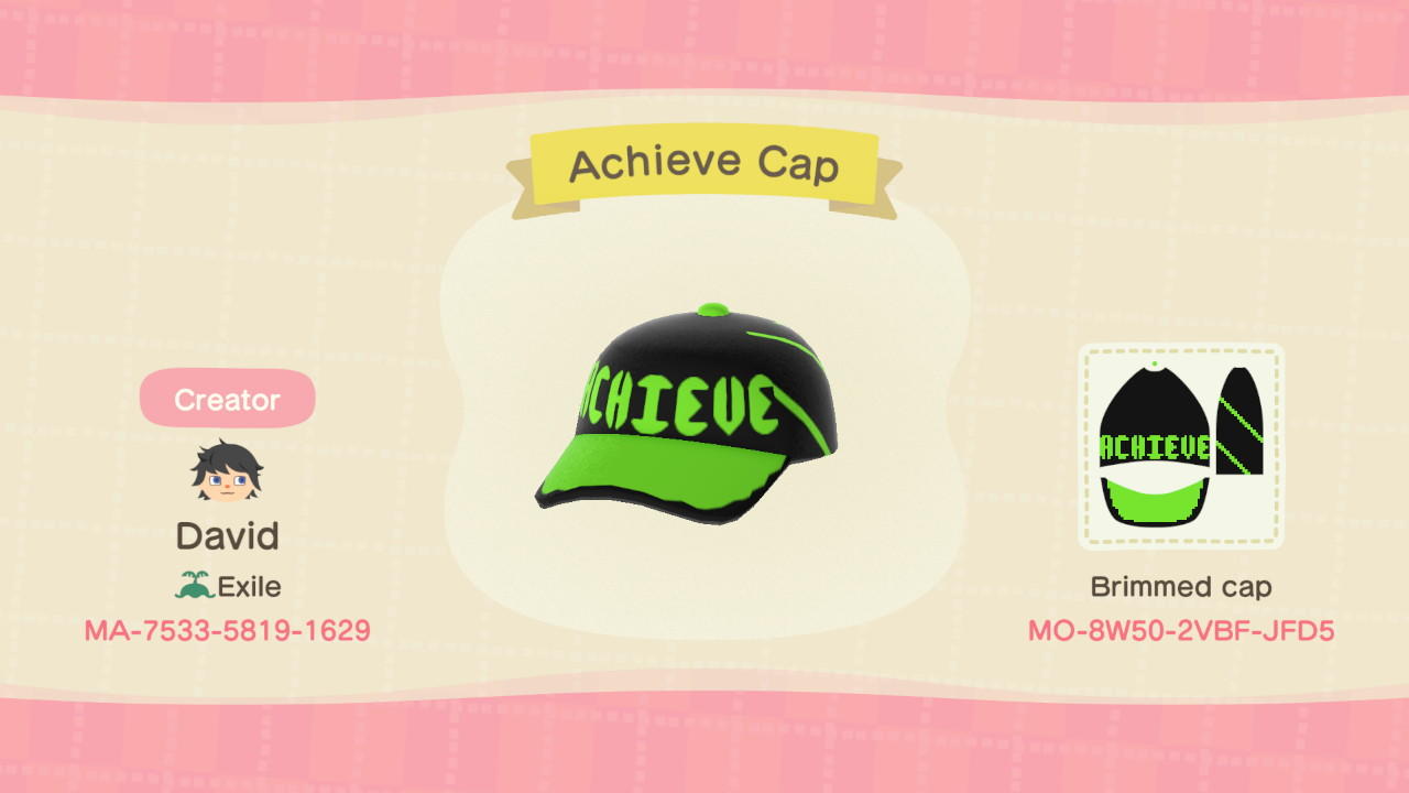 Animal Crossing Design Code: MO-8W50-2VBF-JFD5 Achieve Cap