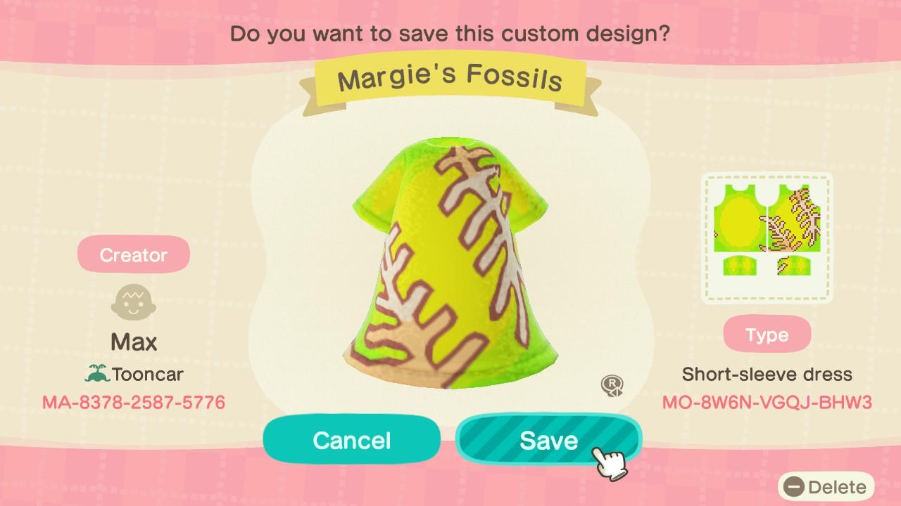 Animal Crossing Design Code: MO-8W6N-VGQJ-BHW3 Margie's Fossils