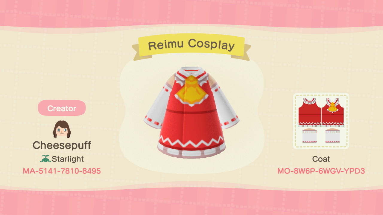 Animal Crossing Design Code: MO-8W6P-6WGV-YPD3 Reimu Cosplay