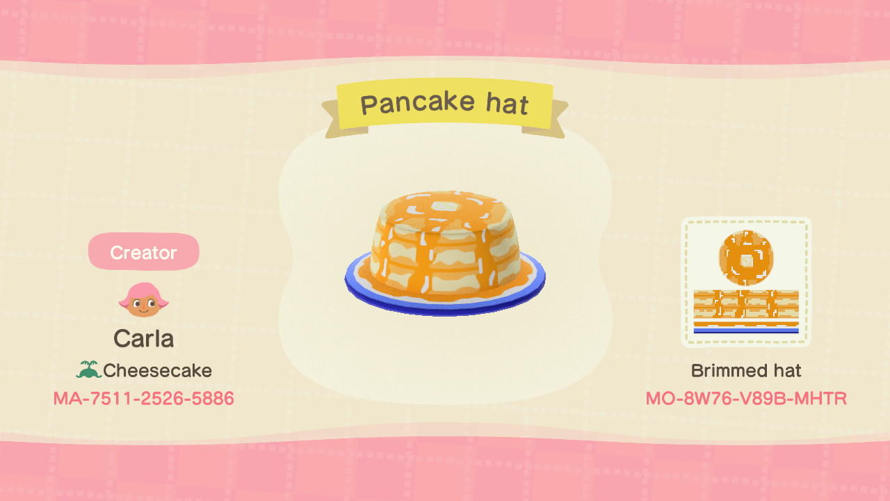 Animal Crossing Design Code: MO-8W76-V89B-MHTR Pancake hat
