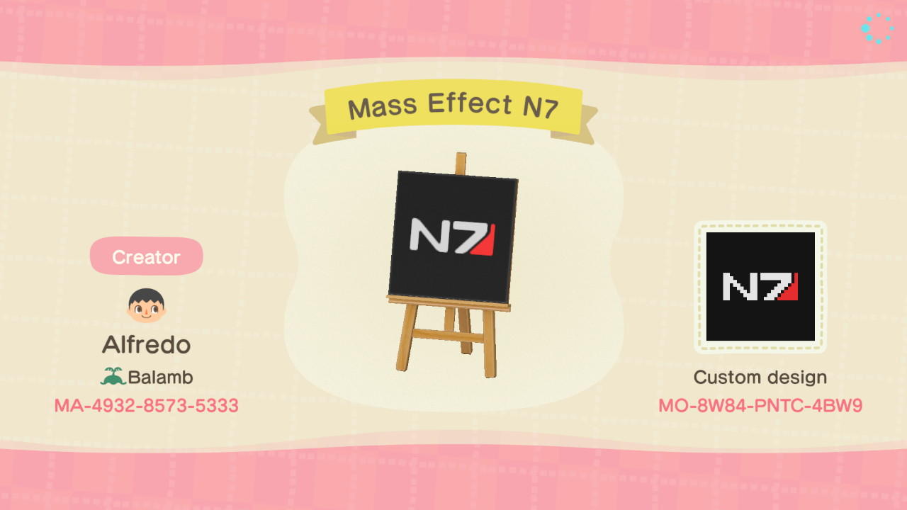 Animal Crossing Design Code: MO-8W84-PNTC-4BW9 Mass Effect N7