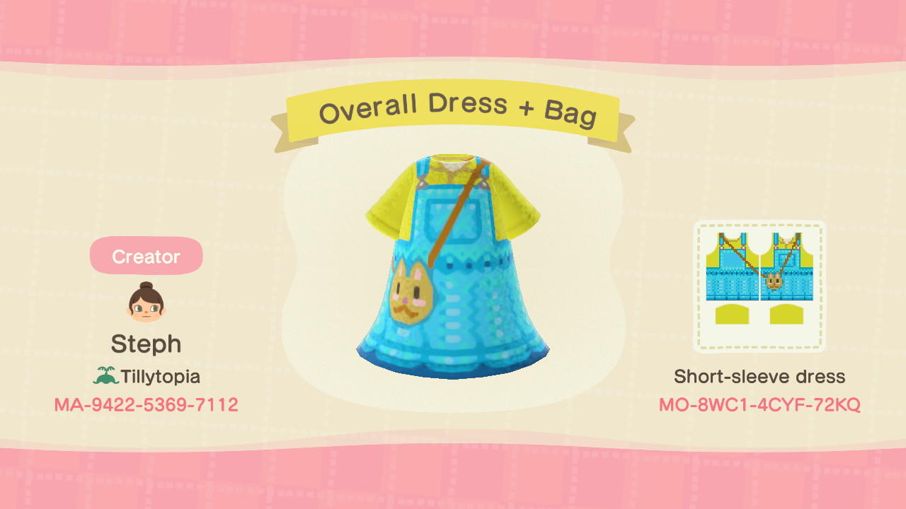 Animal Crossing Design Code: MO-8WC1-4CYF-72KQ Overall Dress + Bag